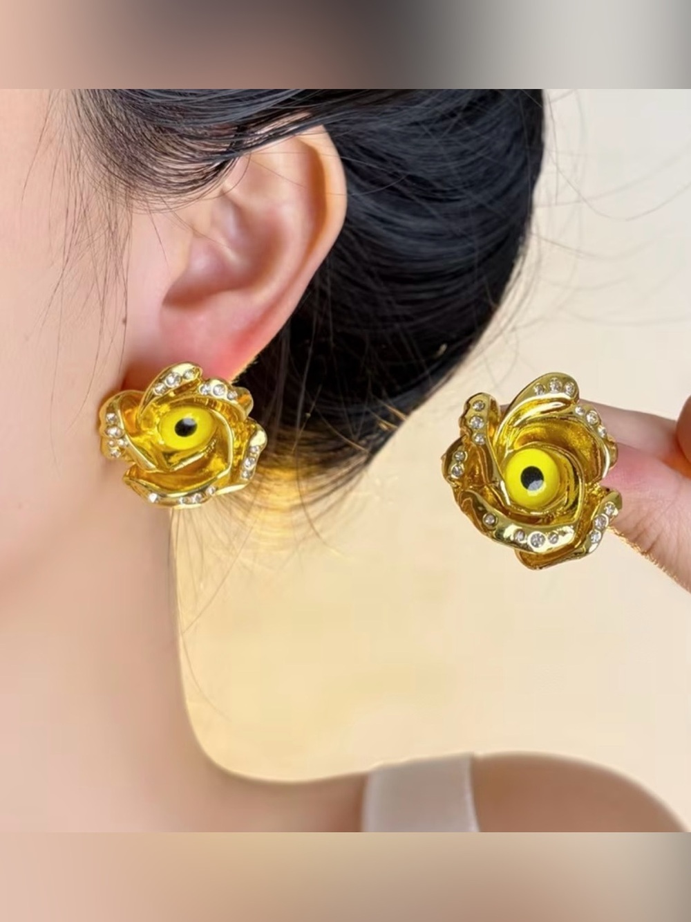 Schiaparelli Inspired Gold Floral Crystal Stud Earrings with Yellow eye Center